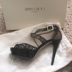 Jimmy Choo black lace strappy  platform heel